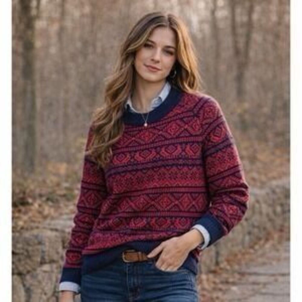 J.Crew Womens Size XL Fair Isle Sweater Red Navy Lambswool Blend Crewneck